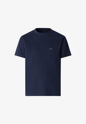 Granatowy t-shirt z krótkim rękawem i okrągłym dekoltem, z małą kieszonką na piersi z subtelnym logo na kieszeni.