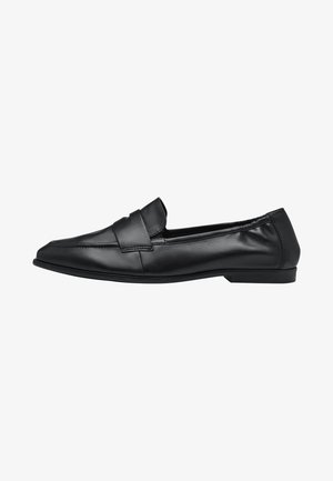 Mocassins en cuir noir avec un design élégant, bout pointu et détails en surpiqûre. Semelle en caoutchouc plate pour la stabilité et le confort.