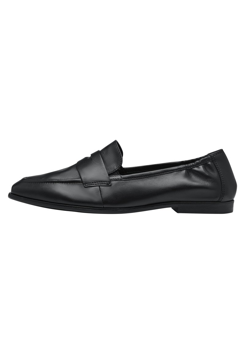 Black leather loafers with a sleek design, pointed toe, and stitched detailing. Flat rubber sole for stability and comfort.