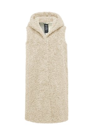 Gilet senza maniche beige con cappuccio, realizzato in tessuto morbido e texturizzato. Presenta un'apertura frontale senza chiusure visibili o tasche.