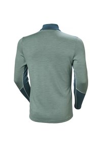 Polo de manga larga en suave tejido verde, con un cuello azul y acentos en azul contrastantes en las mangas con un acabado texturizado.