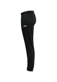 Schwarze Sporthose aus glattem, leichtem Material. Sie verfügt über einen elastischen Bund und ein kleines weißes Logo an der Seite.