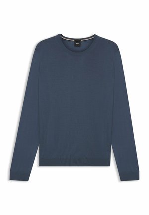 Maglione pullover a maniche lunghe blu navy realizzato in tessuto morbido con scollo rotondo e polsini e orlo a costine. Etichetta di laboratorio visibile.