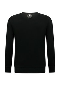 Zwarte trui met ronde hals gemaakt van zacht materiaal. Voorzien van lange mouwen en geribbelde boorden aan de mouwen en zoom. Heeft een klein logolabel bij de achterzijde van de hals.