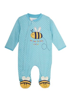 Svetlomodrý detský overal s bielymi bodkami, s motívom včely a textom „un-bee-lievably cute“, a usmievavými včelími tvárami na nôžkach.