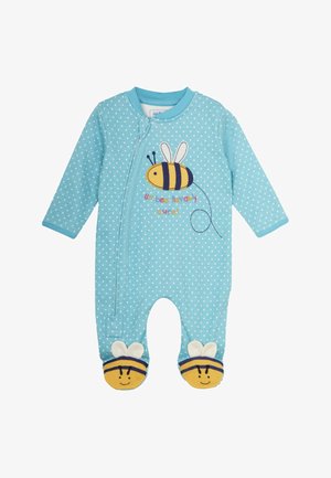 Hellblauer Baby-Strampler mit weißen Punkten, Bienen-Grafik und dem Text „un-bee-lievably cute“ und lächelnden Bienengesichtern an den Füßchen.