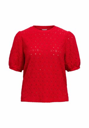 Rotes Spitzenoberteil mit kurzen Puffärmeln, einem runden Ausschnitt und einem strukturierten Blumendesign. Leichter und atmungsaktiver Stoff.