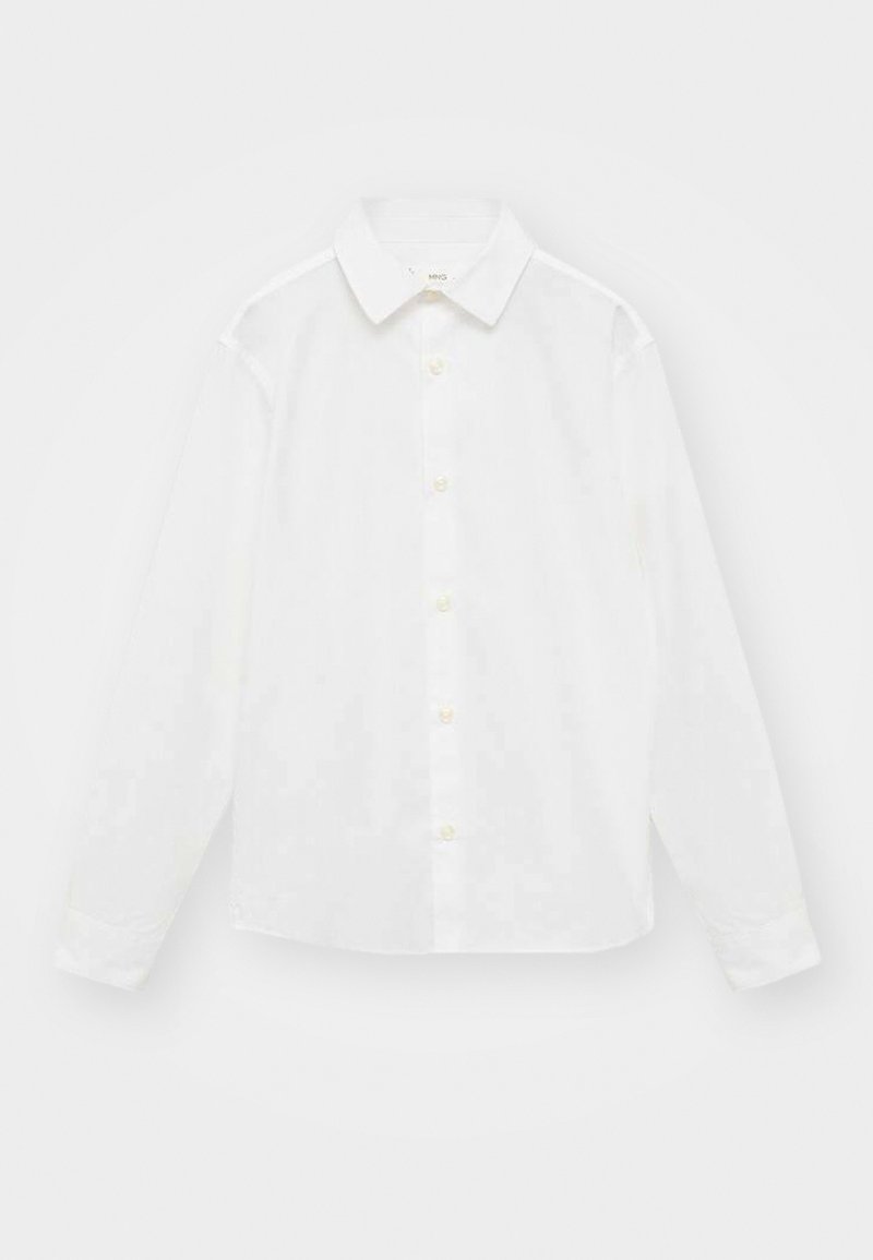 Bela srajca z dolgimi rokavi iz lahkega materiala, z gumbom spredaj, klasičnim ovratnikom in manšetami. Brez vzorcev ali okraskov.