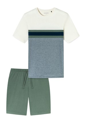 T-shirt avec des rayures horizontales blanches, bleues et vertes ; associé à un short vert. Les deux sont fabriqués en coton doux.