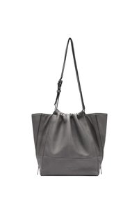Graue Leder-Tote-Tasche mit einem gerafften Oberteil, zwei seitlichen Reißverschlüssen und einem verstellbaren Trageriemen, mit glatter Textur und definierten Nähten.
