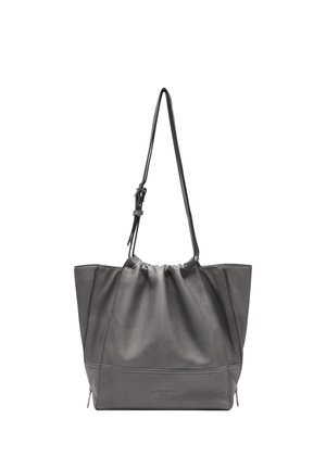 Graue Leder-Tote-Tasche mit einem gerafften Oberteil, zwei seitlichen Reißverschlüssen und einem verstellbaren Trageriemen, mit glatter Textur und definierten Nähten.