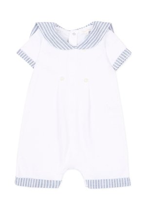 Witte babyromper met blauw-wit gestreepte matrozenkraag, mouwboorden en beenranden, met korte mouwen en drukknopen aan de achterkant.