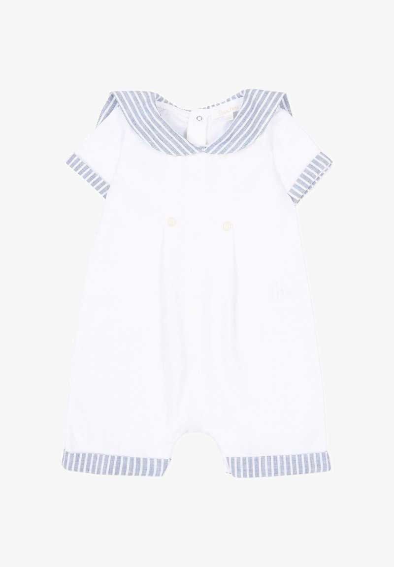 Witte babyromper met blauw-wit gestreepte matrozenkraag, mouwboorden en beenranden, met korte mouwen en drukknopen aan de achterkant.