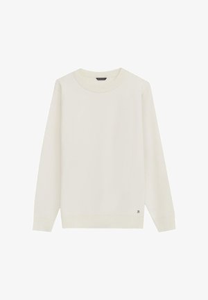 Sweter w kolorze kremowym, dziany, z okrągłym dekoltem i długimi rękawami. Subtelna faktura z prążkowanymi mankietami i dołem. Małe logo na dolnym lewym boku.