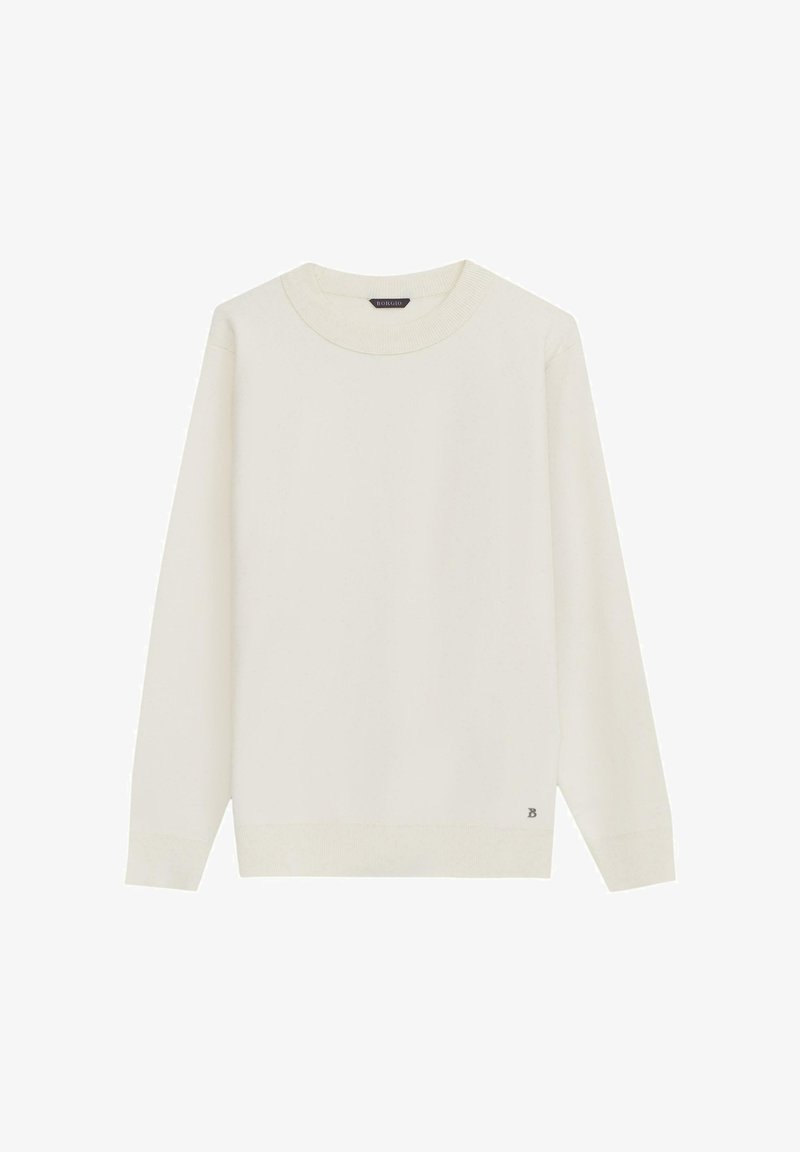 Sweter w kolorze kremowym, dziany, z okrągłym dekoltem i długimi rękawami. Subtelna faktura z prążkowanymi mankietami i dołem. Małe logo na dolnym lewym boku.