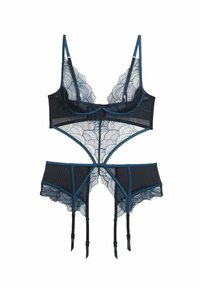 Set de lenjerie din dantelă neagră, cu modele scallopate intricate, bretele ajustabile și accente de teal contrastante; include un bralette structurat și un corset.