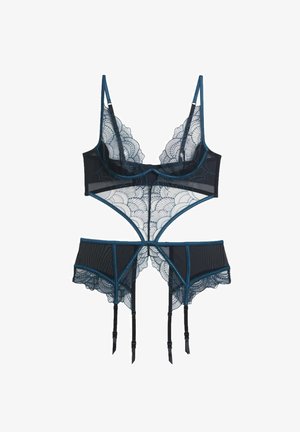 Black lace lingerie set featuring intricate scalloped patterns, adjustable straps, and contrasting teal accents; includes a structured bralette and garter belt.