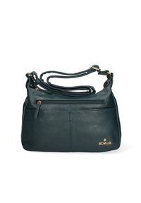 Borsa a tracolla in pelle verde scuro con texture a granuli, dotata di una tasca frontale con zip e hardware in tono oro. Tracolla regolabile.