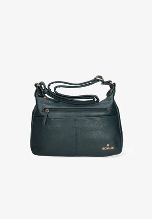 Sac à main en cuir vert foncé avec une texture grainée, doté d'une poche avant zippée et de quincaillerie dorée. Bandoulière réglable.