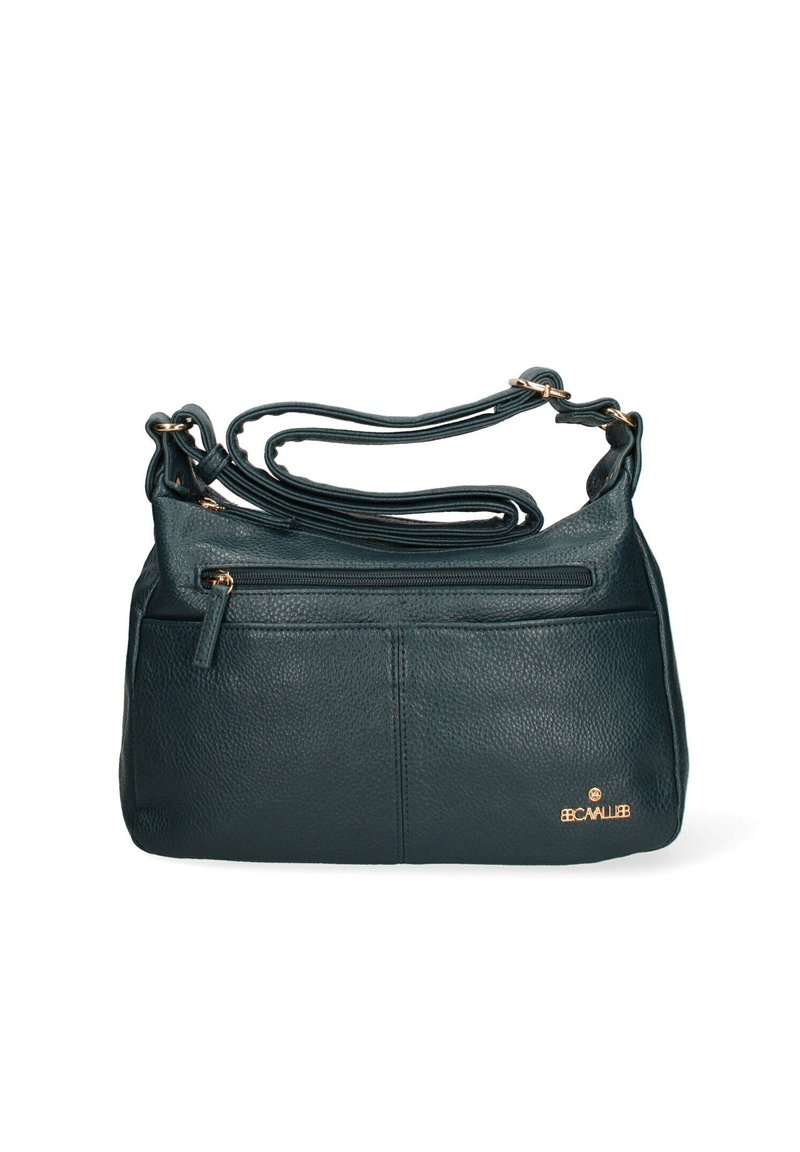 Borsa a tracolla in pelle verde scuro con texture a granuli, dotata di una tasca frontale con zip e hardware in tono oro. Tracolla regolabile.