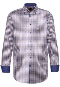 Camicia a quadri in marrone, blu e bianco. Caratterizzata da maniche lunghe, colletto e taschino sul petto. Tessuto in cotone testurizzato.