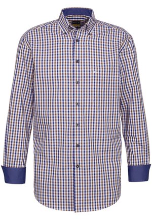 Kariertes Button-Down-Hemd in Braun, Blau und Weiß. Mit langen Ärmeln, einem Kragen und einer Brusttasche. Aus strukturiertem Baumwollstoff.