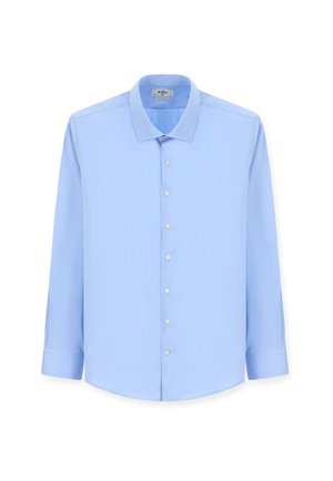 Helles blaues Baumwollhemd mit langen Ärmeln, klassischem Kragen, Frontknöpfen und geknöpften Manschetten. Glatte Textur, gerade Passform, keine Muster.