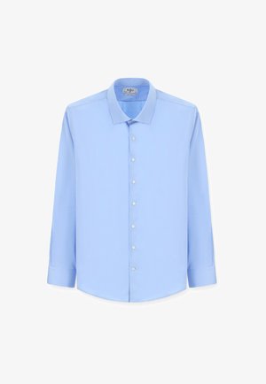 Camicia a maniche lunghe in cotone blu chiaro con colletto classico, bottoni frontali e polsini con bottone. Tessuto morbido, vestibilità dritta, senza fantasie.