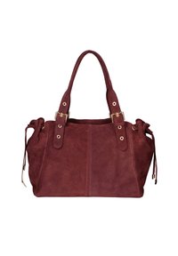 Borsa in suede bordeaux con doppi manici superiori, accessori in tonalità oro e lati con cordoncino regolabile per espansione. Texture liscia, design flessibile.