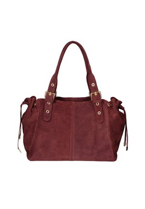 Sac en daim bordeaux avec des poignées supérieures doubles, quincaillerie dorée et côtés à cordon de serrage ajustables pour une expansion. Texture lisse, design flexible.