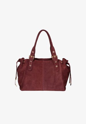 Borsa in suede bordeaux con doppi manici superiori, accessori in tonalità oro e lati con cordoncino regolabile per espansione. Texture liscia, design flessibile.