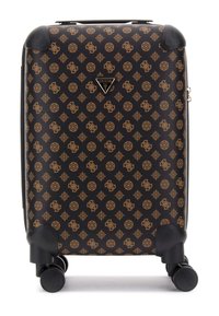 Black hard-shell suitcase with brown monogram pattern, four wheels, and a top handle. Features a triangular logo and rounded corners.