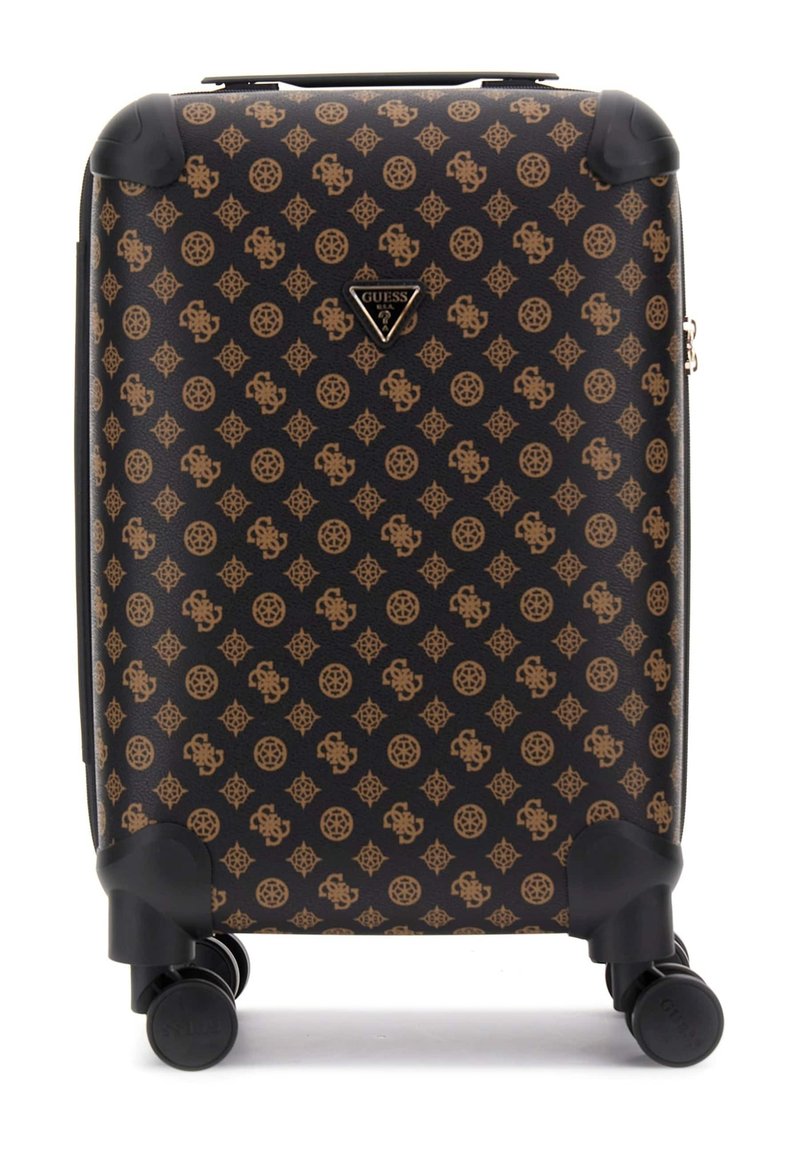 Black hard-shell suitcase with brown monogram pattern, four wheels, and a top handle. Features a triangular logo and rounded corners.