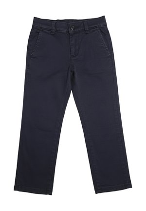 Pantaloni a gamba dritta color blu navy con chiusura a bottone e zip, tasche laterali e passanti per cintura, distesi su uno sfondo bianco.