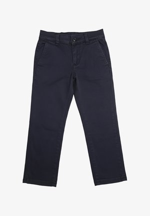 Pantaloni a gamba dritta color blu navy con chiusura a bottone e zip, tasche laterali e passanti per cintura, distesi su uno sfondo bianco.