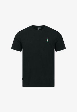 Zwarte korte mouwen T-shirt met ronde hals en een klein groen geborduurd fleslogo op de linkerborst.
