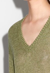Groene gebreide trui met een V-hals ontwerp, voorzien van een gestructureerde, iets transparante brei en geribbelde accenten bij de halslijn en mouwen.