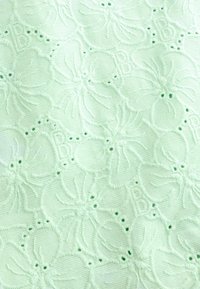 Tessuto verde chiaro con un motivo floreale ricamato, caratterizzato da foglie texturizzate e delicate cuciture. I punti di accentuazione arricchiscono il design.