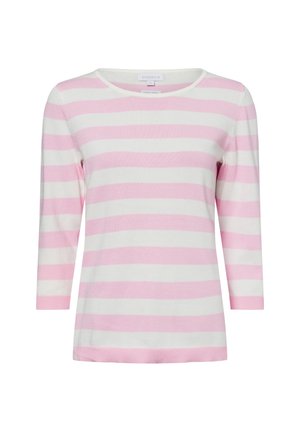 Roze en witte gestreepte lange mouwen trui met een ronde halslijn en ribgebreide manchetten, gemaakt van zacht breimateriaal.