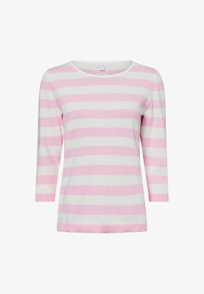 Pull long à manches longues rayé rose et blanc avec un col rond et des poignets côtelés, conçu en matériau tricoté doux.