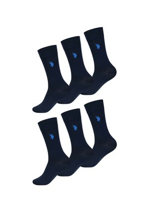 Marineblaue Socken, aus Baumwollmischung, mit gerippten Bündchen und einem kleinen blauen Logo an der Seite. Packung mit sechs Paar.