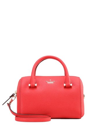 Red Kate Spade handbag with double handles and a detachable shoulder strap, textured leather finish, and gold-tone hardware.