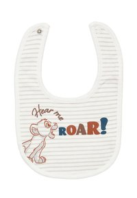 White and light gray striped baby bib with snap closure featuring cartoon lion cub and text "Hear me ROAR!" in blue and brown letters.