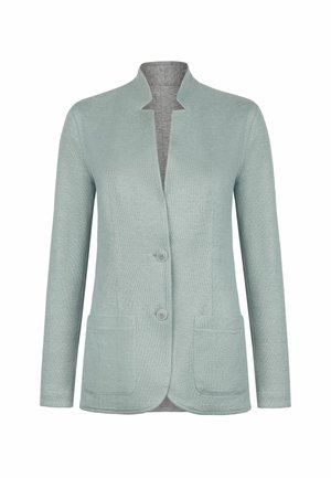 Hellgrüner Strickblazer mit zwei vorderen Knöpfen, aufgesetzten Taschen, langen Ärmeln und einem Reverskragen.