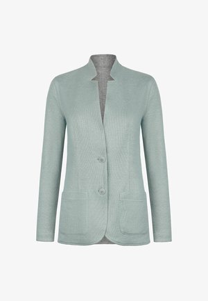 Jasnozielony dzianinowy blezer z dwoma guzikami z przodu, kieszeniami naszywanymi, długimi rękawami i klapami z wycięciem.