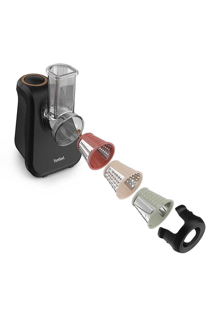 Râpe électrique noire avec un conteneur transparent, dotée de quatre embouts de râpage colorés (rouge, beige, vert, argent) et d'une poignée noire.