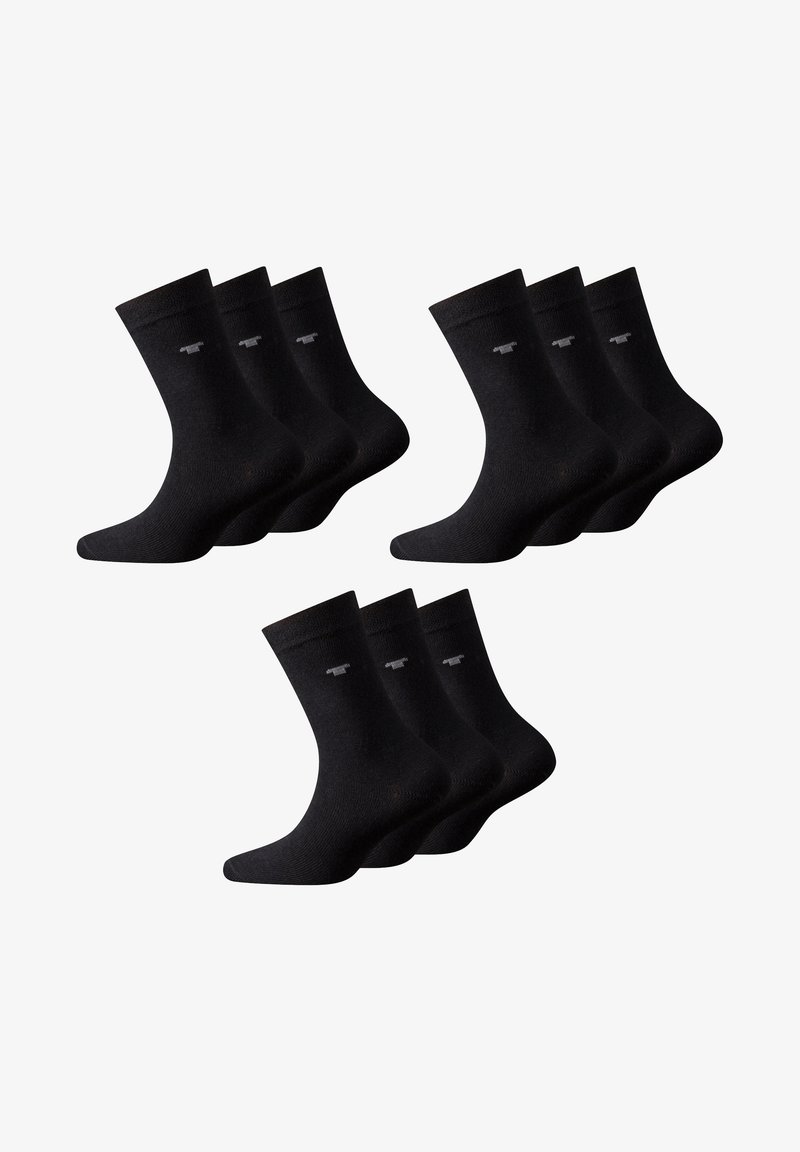 Schwarze Baumwollsocken, Knöchelhöhe, mit einem gerippten Bündchen und einem kleinen Logo nahe der Oberseite. Set mit sechs Paaren. Glatte Textur.