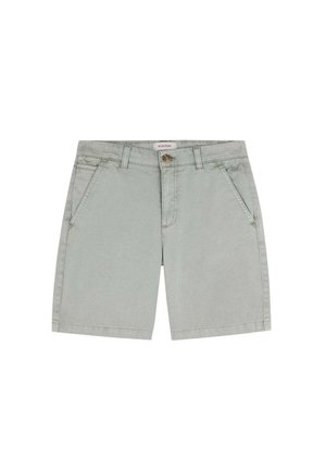 Shorts gris clair avec fermeture à bouton, cinq poches et une coupe droite, fabriqués en tissu doux en mélange de coton.