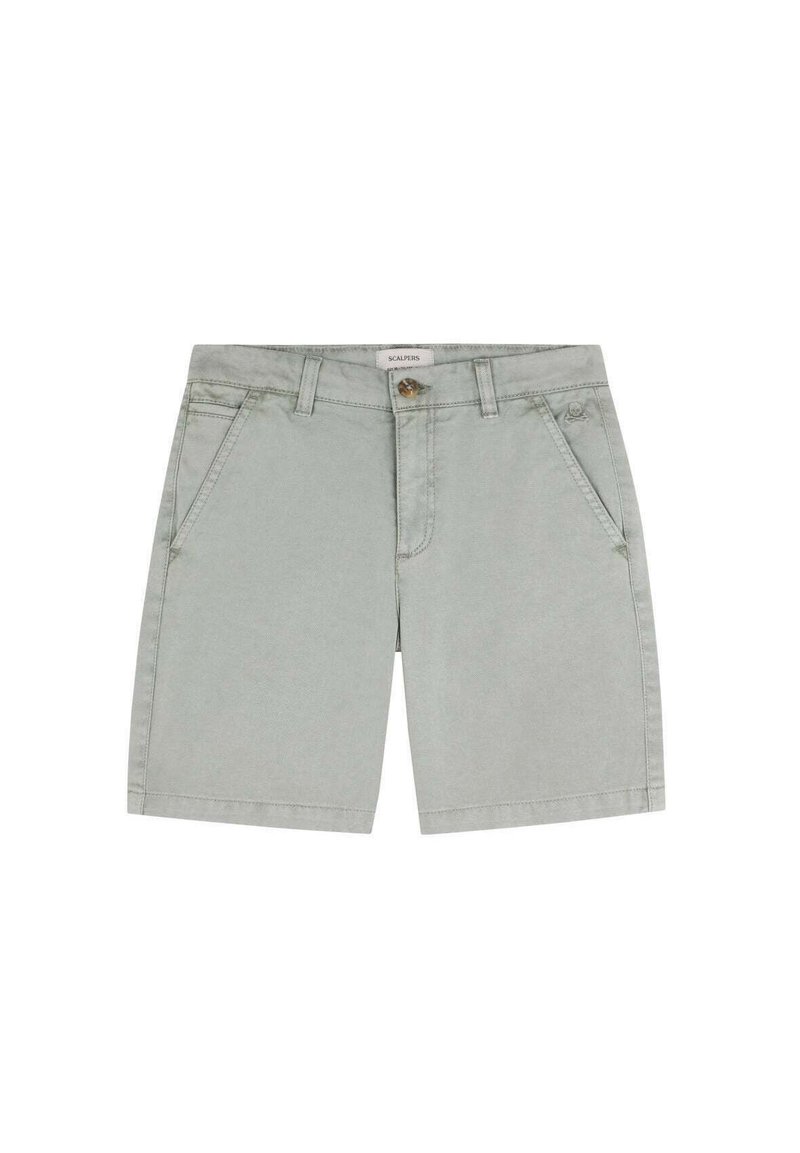 Light gray shorts featuring a button closure, five pockets, and a straight cut design made from soft cotton-blend fabric.