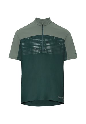 Grünes Kurzarm-Radtrikot mit Viertelreißverschluss, hohem Kragen und gestreiftem, strukturiertem Einsatz über der Brust.